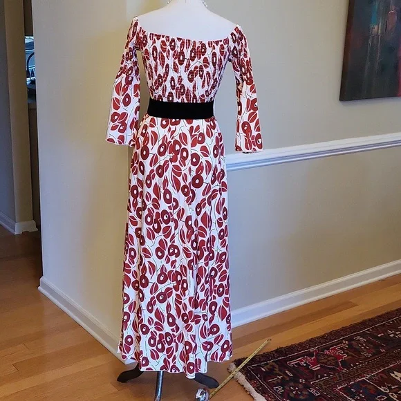 Beautiful boho maxi dress with 3/4 sleeve,  off shoulder, ruched top, full skirt - Picture 10 of 12